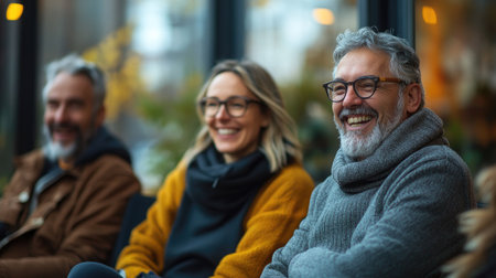 Three mature creative professionals are laughing and enjoying each other's company during a breakの素材