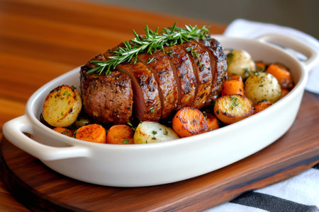 Delicious sliced roast beef with rosemary and roasted potatoes and carrots, resting on a wooden board and ready to be servedの素材