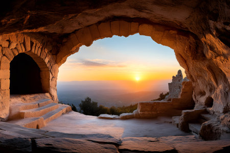 Golden sunset over valley seen from inside an ancient cave in Sainte-Victoire mountain near Aix-en-Provenceの素材