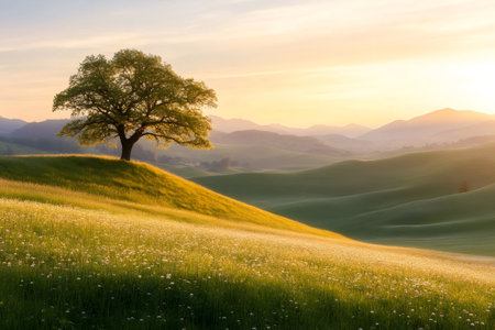 Lone oak tree stands in a sunlit, rolling landscape at dawnの素材