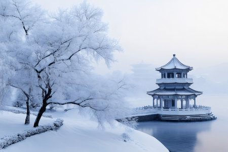 Traditional chinese pavilion in park during a snowy winter dayの素材