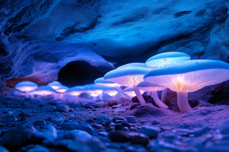 Mysterious glowing mushrooms illuminating a dark cave with an ethereal blue light, creating a magical atmosphereの素材