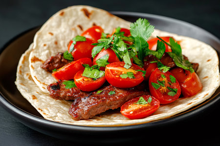 Flour tortilla tacos filled with grilled beef and cherry tomatoes, garnished with fresh coriander leavesの素材