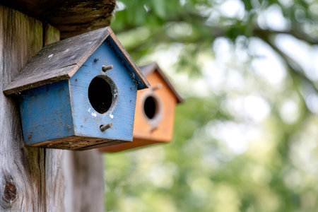 Two weathered birdhouses, one blue and one orange, provide shelter for birds in a natural settingの素材