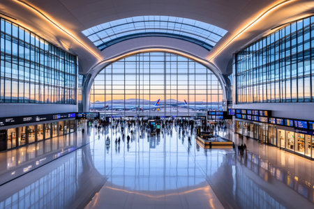 Passengers walking in a modern airport terminal with airplanes visible outside the large windows at sunsetの素材