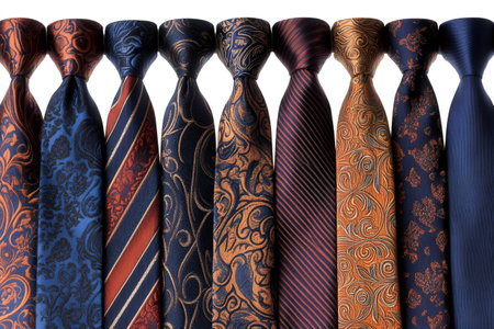 Neckties with different patterns and colors hanging on a white background, ideal for representing elegance and styleの素材