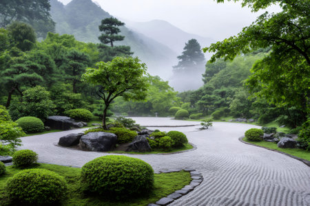 White gravel raked in a zen garden with green bushes, rocks and trees in the background, during a misty dayの素材