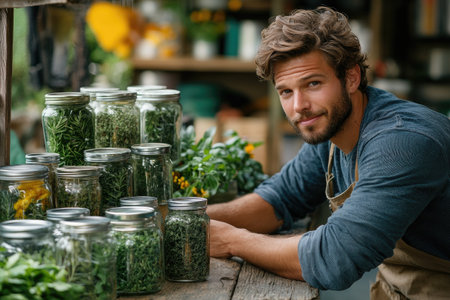Young man selling dried herbs and spices in glass jars at a local farmers marketの素材