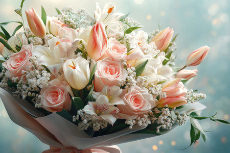 Beautiful arrangement of pastel roses, lilies, and greenery with delicate detailsの素材