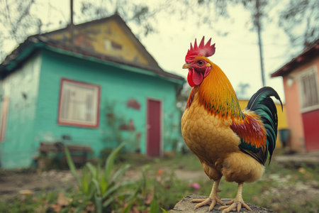 Proud rooster standing in a traditional colorful caribbean villageの素材