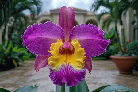 Beautiful purple and yellow orchids add a touch of elegance to the entrance of a luxurious villaの素材