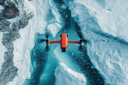 Orange drone flying over arctic water and ice floes, exploring remote and frigid landscapesの素材