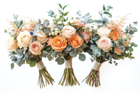 Beautiful wedding bouquets with roses, hydrangeas, carnations, and eucalyptus leaves, isolated on white backgroundの素材
