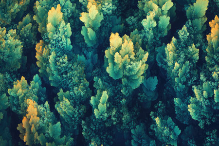 Green and gold fractal plants create a lush forest canopy pattern, perfect for backgrounds, textures, and nature-inspired designsの素材