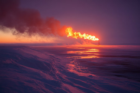 Gas flaring from an industrial chimney illuminates a vast, snowy landscape during a vibrant sunsetの素材