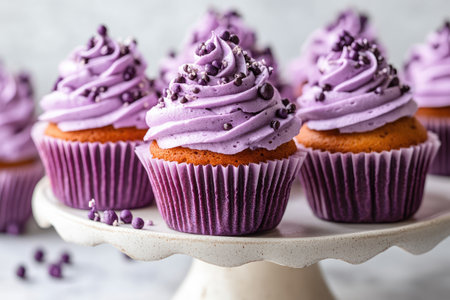 Purple cupcakes with purple frosting and sprinkles, sitting on a white cake stand, make a sweet treatの素材