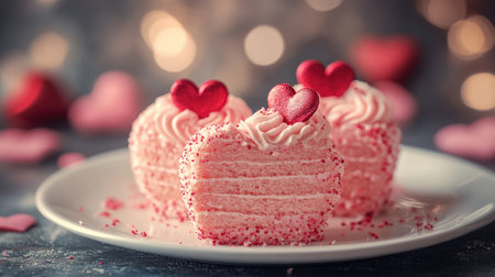 Pink valentine's day cakes with heart shapes and sprinkles create a sweet, romantic dessertの素材