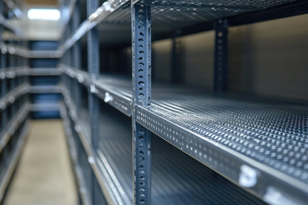 Long rows of empty metal shelves await inventory in a warehouse storage areaの素材