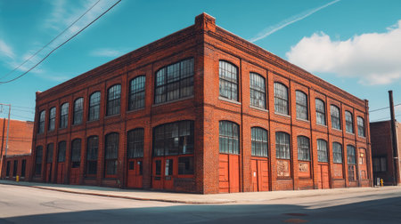 Red brick warehouse with large windows on a sunny dayの素材