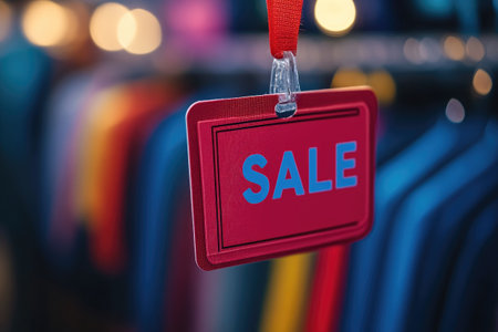 Red sale tag hanging in front of colorful clothing rackの素材