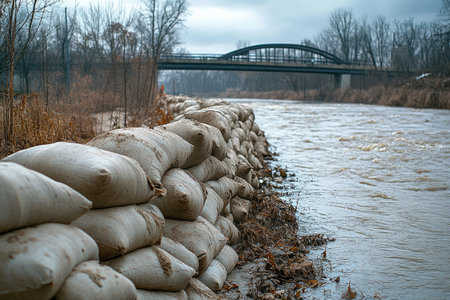 Sandbags forming a barrier against rising river water near a bridge, preventing flood damage during a natural disasterの素材