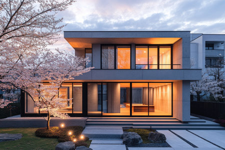 Contemporary house illuminated at sunset surrounded by blooming cherry treesの素材