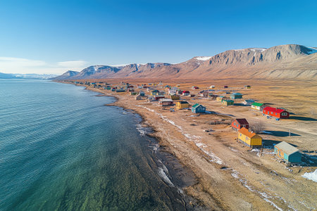 Aerial view of the colorful houses of Grise Fiord, the northernmost community in Canada, located on Ellesmere Island, Nunavut, by the arctic oceanの素材