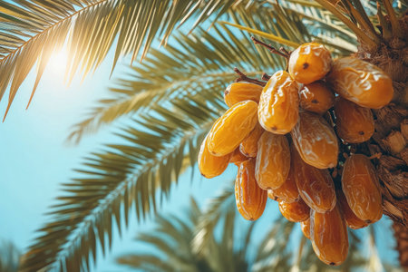Ripe dates growing on a date palm tree under the sunlight, ready to be harvestedの素材