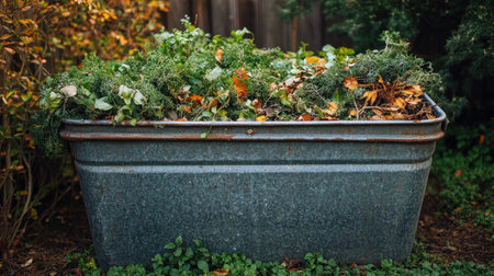 Rusty metal tub overflowing with colorful autumn leaves and branches, placed against a wooden fence in a garden settingの素材