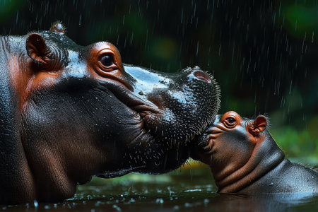 Tender moment between mother and baby hippo in rainの素材