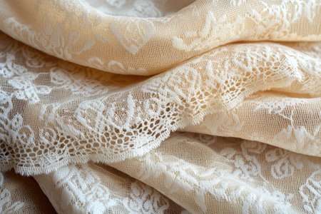 Beige lace fabric with intricate floral pattern draped gracefully, showcasing delicate craftsmanship and timeless eleganceの素材