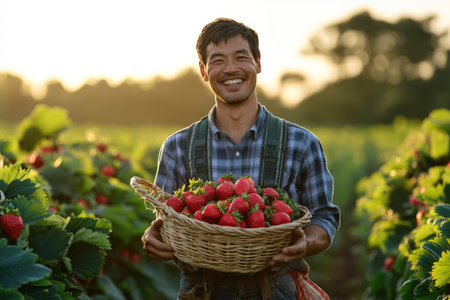 Smiling farmer showing basket full of ripe strawberries during harvest in field at sunsetの素材