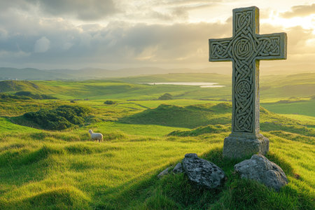 Ancient celtic cross stands amid lush hills under dramatic skyの素材
