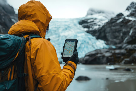Explorer uses GPS to navigate near a stunning glacier landscapeの素材