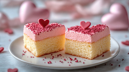 Two heart-shaped cakes with pink frosting and red sprinkles create a romantic Valentine's Day treatの素材