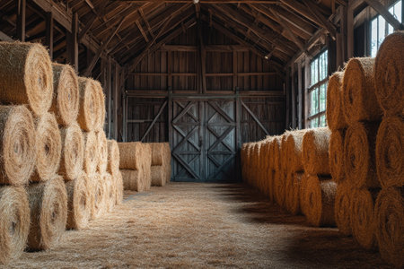 Rows of hay bales stacked inside a wooden barnの素材