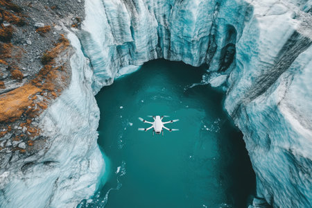 White drone hovering over turquoise glacial lake surrounded by mountains and ice, capturing breathtaking aerial viewの素材