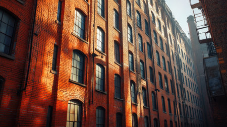 Sunlight highlights the windows of a historic brick building facadeの素材