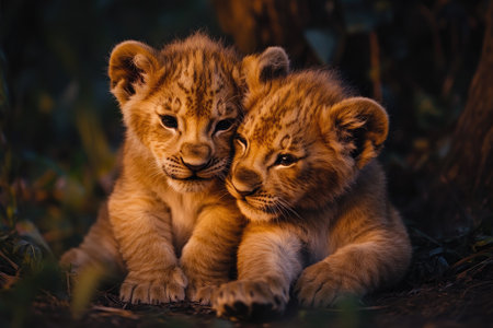 Two lion cubs sharing a tender moment in the wildの素材