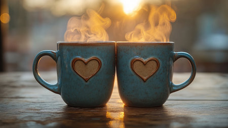 Two steaming mugs with a heart decoration are standing on a wooden table at sunset, creating a romantic atmosphereの素材