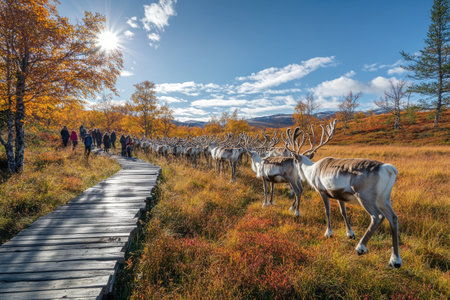 Reindeer walking in a line on a colorful autumn landscape with tourists watching from a wooden pathの素材