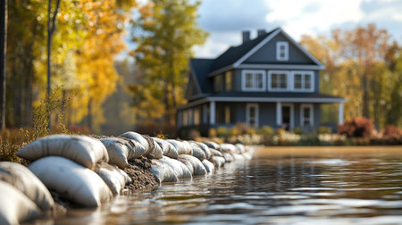 Sandbags line the shore, safeguarding a house during autumnの素材