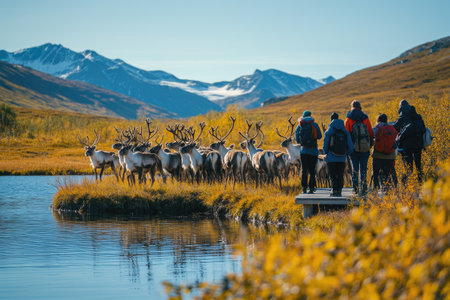 Tourists watching reindeer herd grazing by lake in autumn mountain valleyの素材