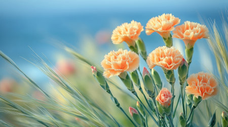 Orange carnations bloom vibrantly among windswept coastal grassesの素材