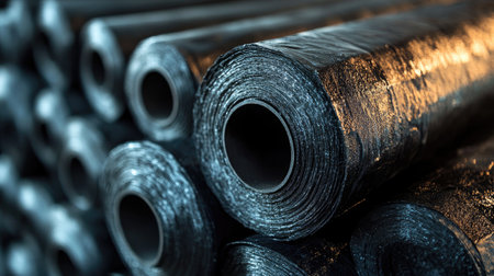 Roll of bituminous waterproofing membrane is waiting to be used during construction worksの素材