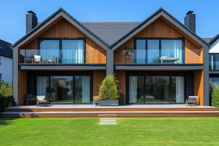 Beautiful modern house featuring a sleek design, large windows, and a spacious patio perfect for enjoying sunny daysの素材