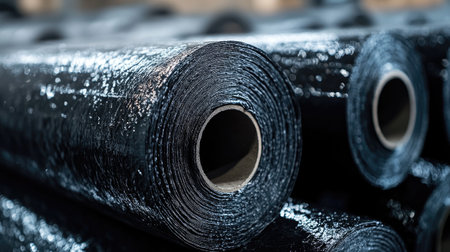 Rolls of bituminous waterproofing membrane lying on top of each other in warehouseの素材