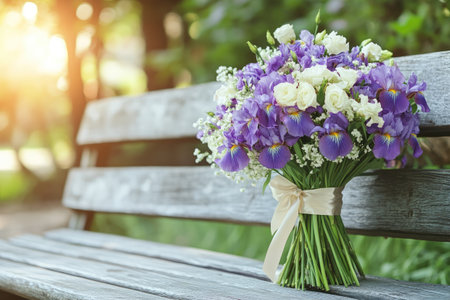 Wedding bouquet with purple irises and white roses, resting on a wooden bench in a parkの素材