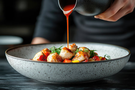 Professional chef finishing a delicious chicken and vegetable dish by pouring a vibrant, flavorful sauceの素材