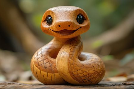 Wooden snake sculpture with a smiling face, resting on a log in a natural settingの素材